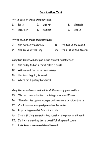 KS2 Worksheet - Punctuation Test 2 (2 versions)