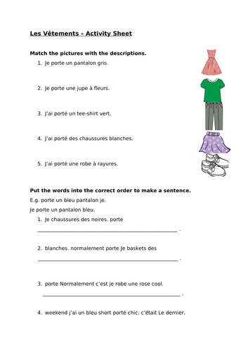 Clothes - French worksheet