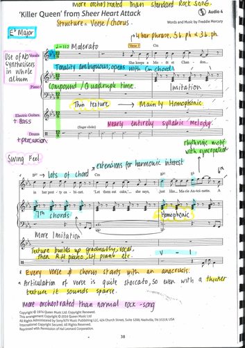 GCSE Edexcel Killer Queen from Sheer Heart Attack  Annotated Score