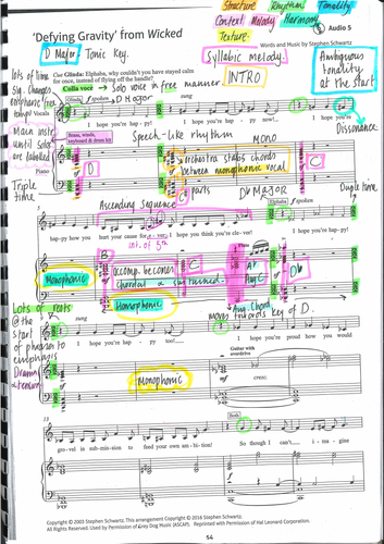 GCSE Edexcel Defying Gravity from Wicked  Annotated Score