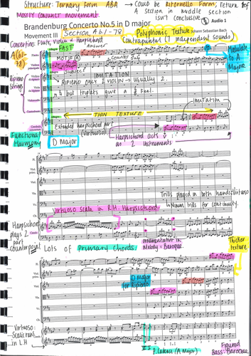 GCSE Edexcel Brandenburg Concerto No.5 in D Major III Annotated Score