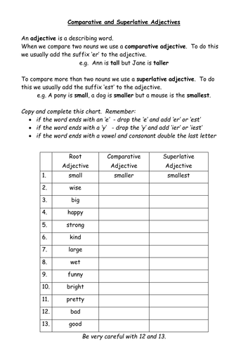 KS2 Worksheet - Comparative and Superlative Adjectives (2 versions)