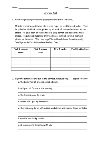 KS2 Worksheet - Literacy Test 1 (2 versions)