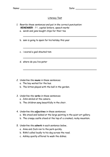 KS2 Worksheet - Literacy Test 2 (2 versions)