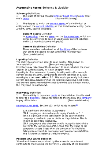 Accounting terms-Solvency and Liquidity plus exercises