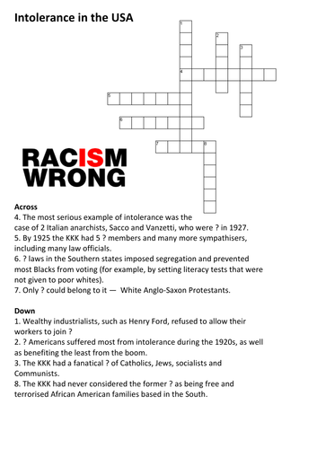 Intolerance in the 1920s Crossword