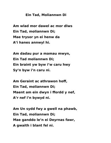 Emyn Plant Cyfnod Sylfaen Cymraeg Eifion Wyn 'Am wlad mor dawel ac mor dlws'
