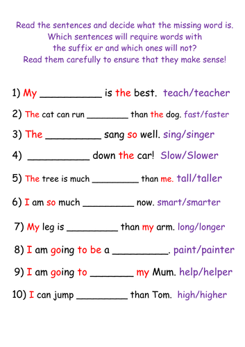 Suffix er Missing Words