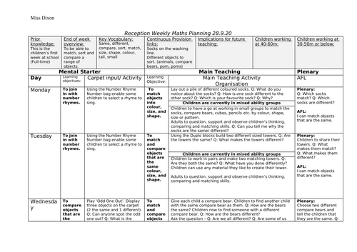 Reception weekly plans - Autumn Term Maths - White Rose