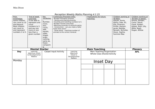 Reception weekly plans - Spring Term 1 - Maths based on White Rose Maths