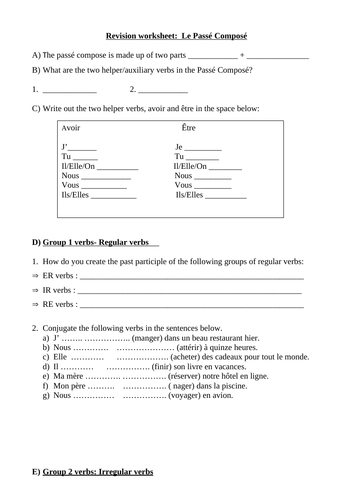 Le passé composé revision worksheet- Avoir + être verbs/ fill in the blanks + conjugation exercises