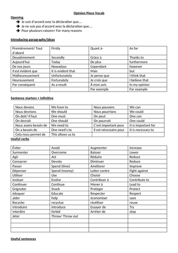 French Opinion Piece/ vocab/ expressions/ verbs