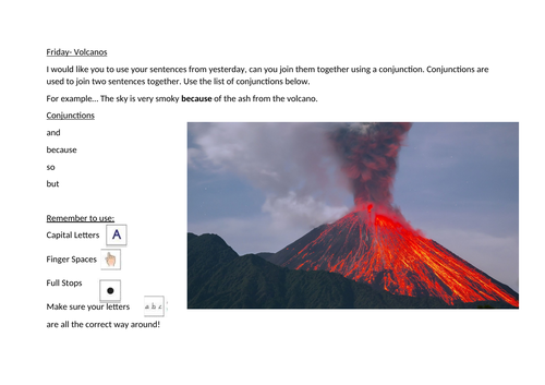 Writing simple sentences on volcanos