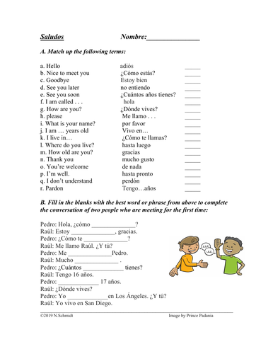 Spanish Greetings and Basic Expressions Vocabulary Worksheet (Saludos)