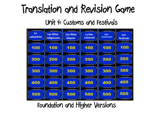 Translation and Revision Game- Unit 4- Customs and Festivals-GCSE French