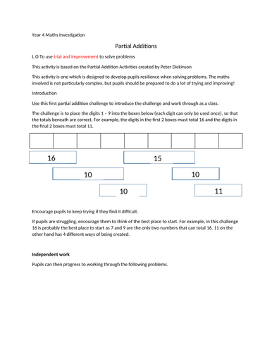 Maths Investigation - Partial Additions