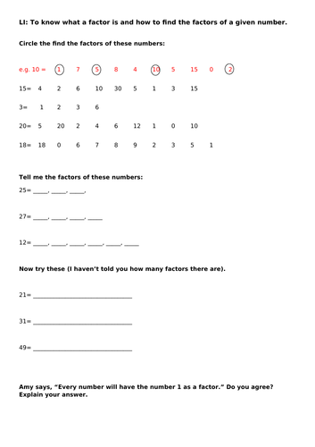 Finding factors differentiated worksheets