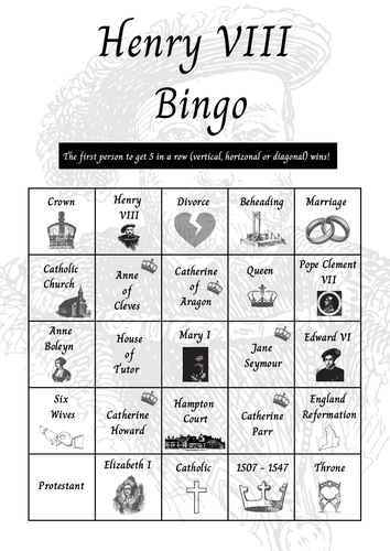 King Henry Vlll  Bingo - PDF Download with 5 Bingo Cards and a 1 Grid Sheet. History The Tutors