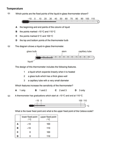 TEMPERATURE MCQs(IGCSE 0625 CLASSIFIED WORKSHEET WITH ANSWERS)