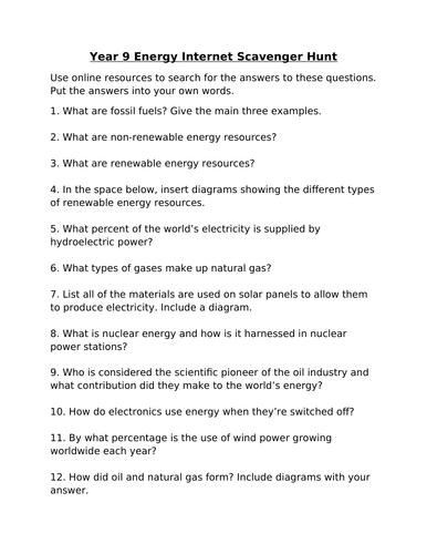 GCSE Physics Energy Resources Scavenger Hunt