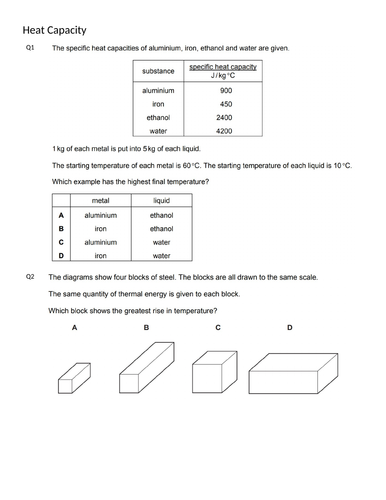 HEAT CAPACITY MCQs(IGCSE 0625 CLASSIFIED WORKSHEET WITH ANSWERS)