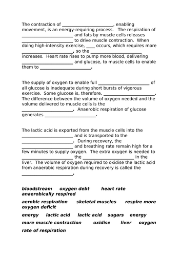 Oxygen debt anaerobic respiration lactic acid gap fill