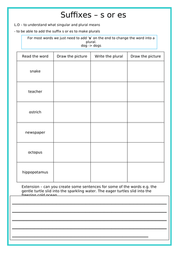Differentiated suffix 's' and 'es' worksheets