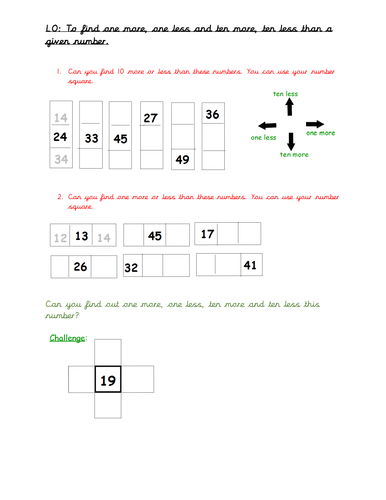 Maths Ten And One More Or Less Worksheet Year 1 Teaching Resources