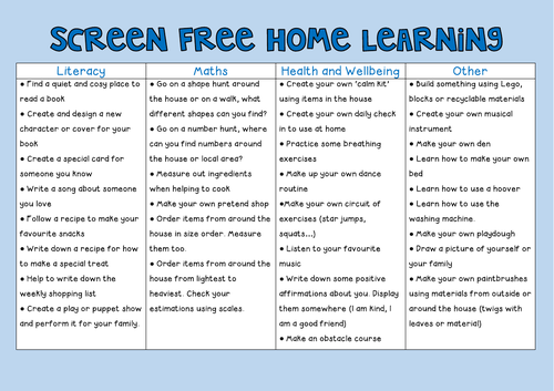 Screen Free Home Learning Grid