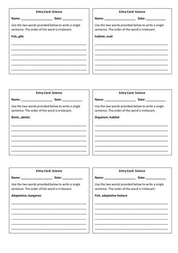 Entry Card - Habitat and Adaptations