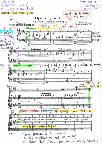 AQA A Level Music Oh What A Beautiful Morning - Fully Annotated Score from OKLAHOMA by Rodgers