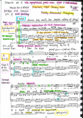 GCSE Edexcel Music For A While -  Purcell - Annotated Score