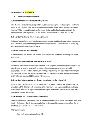 GCSE AQA Geography: HOT DESERTS Notes and Exam Questions