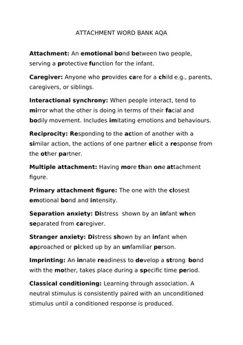 AQA psychology A-level Attachment Key terms revision resource