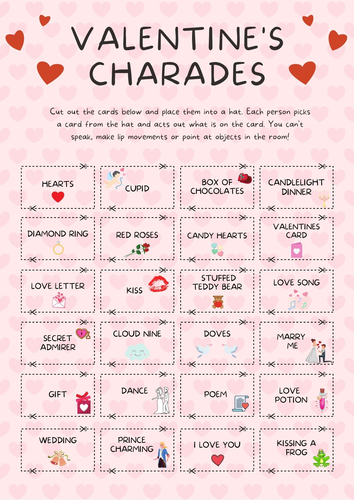 Valentine's Day Charades X24 Cards Games. Fun Pictionary / Drama