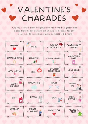 Valentine's Day Charades X24 Cards Games. Fun Pictionary / Drama / Tutor Time Pretend Role Play