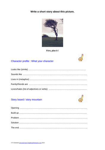 KS2 Story writing character and story planning + sheet for writing with image