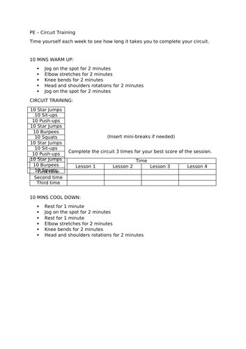 PE Home Learning Sheet - Circuit Training - 4 Weeks