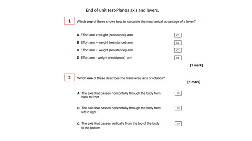 End of unit test AQA GCSE PE Plane Axis and levers