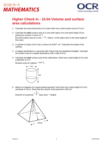OCR Maths: Higher GCSE - Check In Test 10.04 Volume and surface area calculations