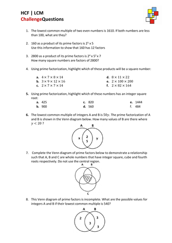 lcm hcf prime factor challenges teaching resources