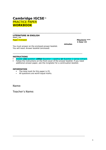 iGCSE CIE Unseen Paper - Prose Workbook