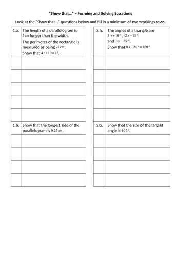 Show that... Forming and Solving Equations