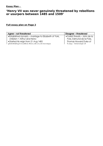 AQA Unit 1C Henry VII was never genuinely threatened by rebellions or usurpers between 1485 and 1509