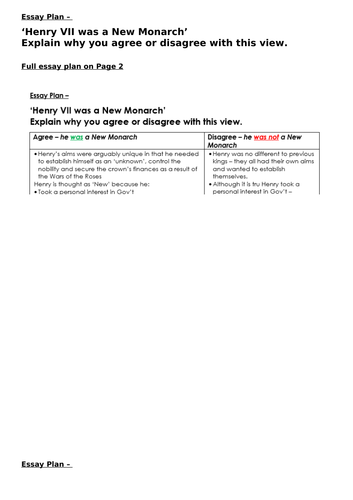 AQA Unit 1C Tudor History Essay Plan -  Henry VII was a New Monarch