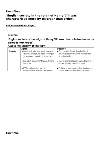 AQA 1C Essay - Society in the reign of Henry VIII was characterised more by disorder than order