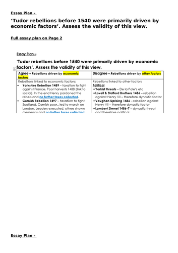 AQA Unit 1C Tudor Essay - Tudor rebellions before 1540 were primarily driven by economic factors