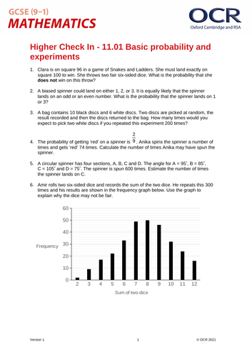 OCR Maths: Higher GCSE - Check In Test 11.01 Basic probability and experiments