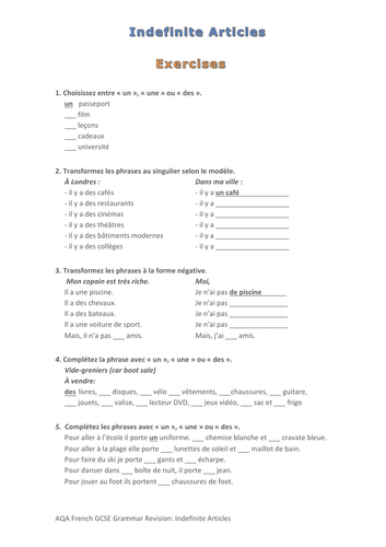 French Grammar Articles 1 Indefinite Articles Exercise Self Study Guide Separate Teaching Resources