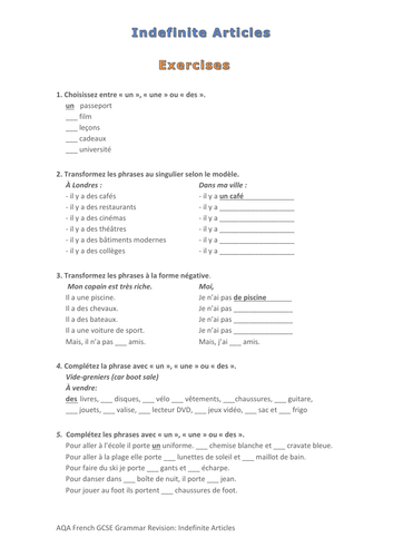 French Grammar Articles 1: Indefinite Articles Exercise (Self Study Guide separate)